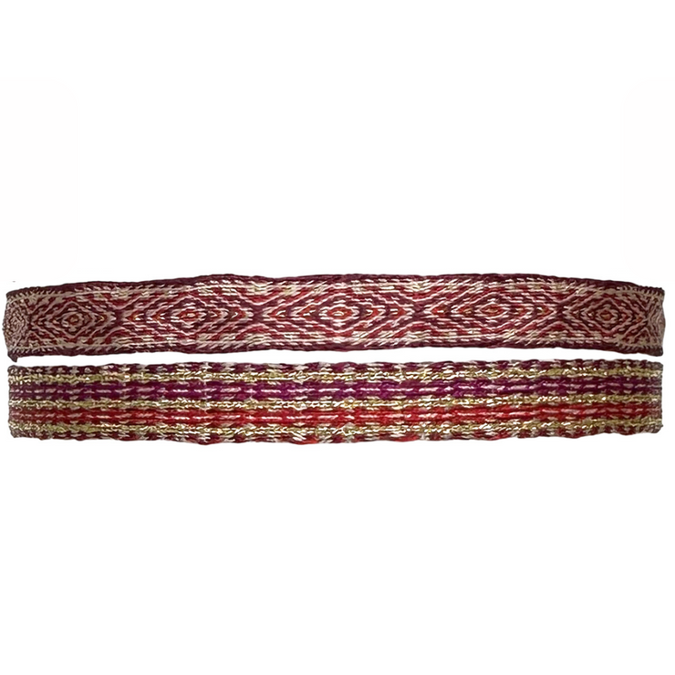 Conjunto de Dos Pulseras Hechas a Mano en Rojo, Beige, Morado y Dorado