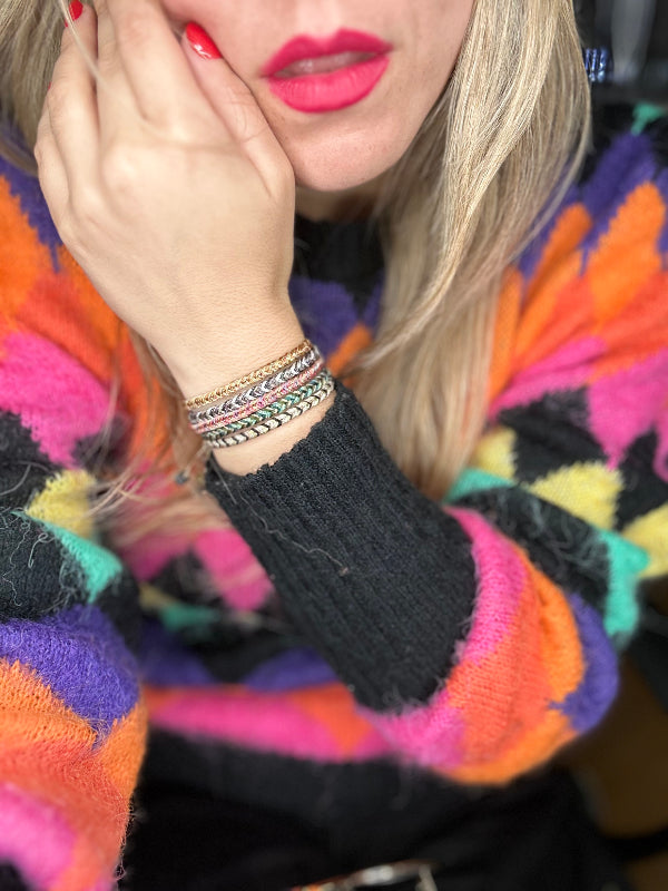 Pulsera Trenza Hecha a Mano en Tonos Negro, Plata y Oro Rosa
