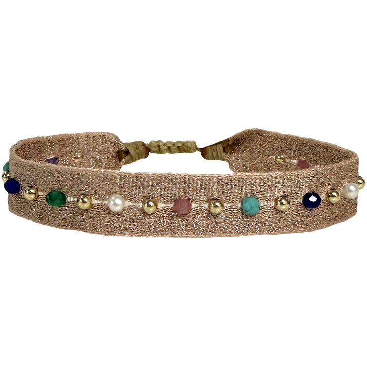 Pulsera Golden Hecha a Mano en Tonos Rosa Adornada Con Piedras Semi-Preciosas y Oro