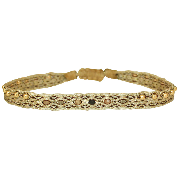 Majestuosa Pulsera Tejida a Mano en Tonos Neutros con Piedras Semipreciosas y Cuentas de Oro