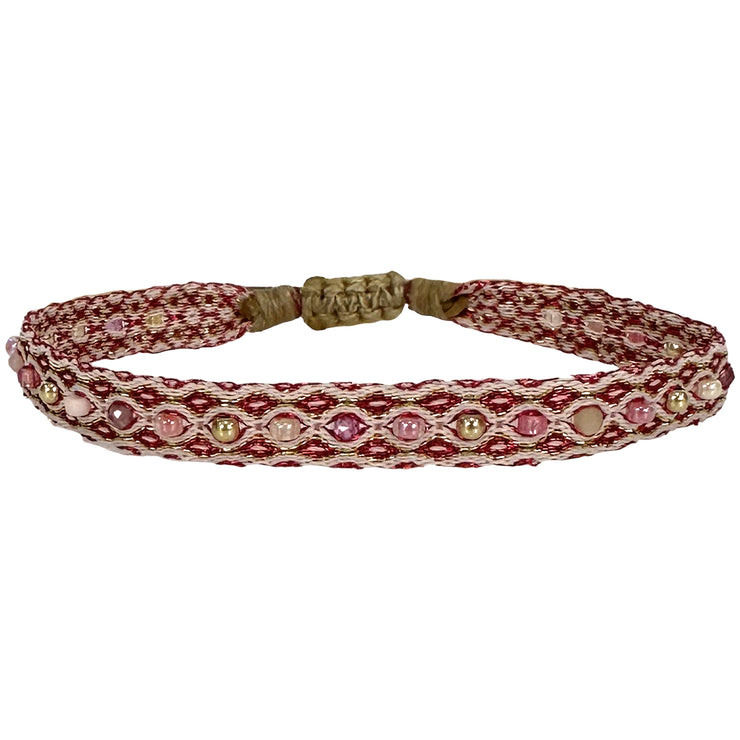 Pulsera Mixi Hecha a Mano en Tonos Metálicos Rosados con Piedras Semipreciosas Entrelazadas