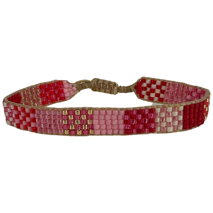 Pulsera Miyuki Hecha a Mano En Colores Rojos, Rosados Y Dorado