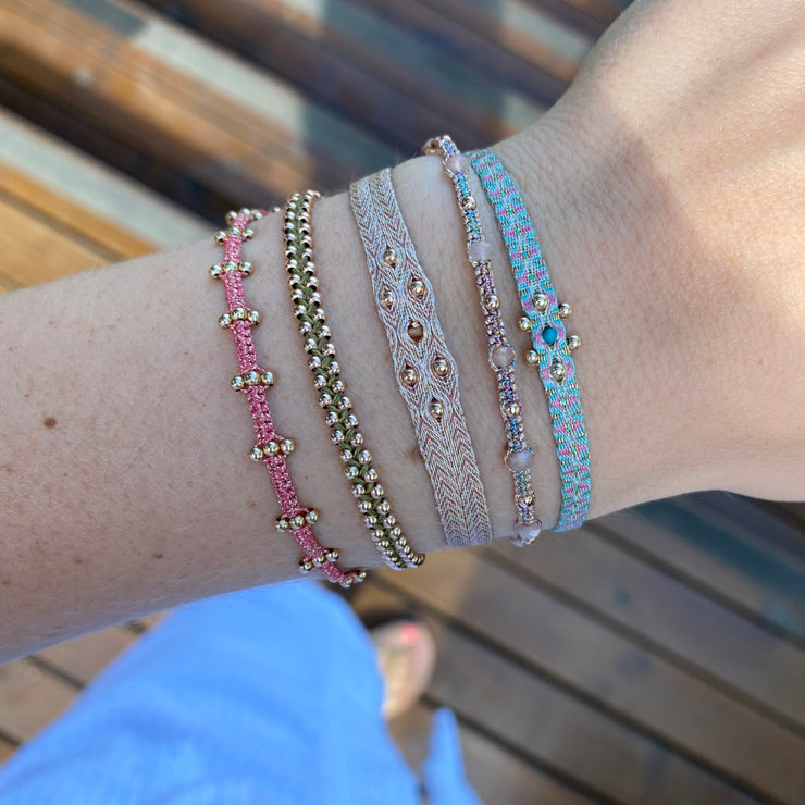 Pulsera Flor Con Piedra Hessonita y Bolitas De Oro Rosado