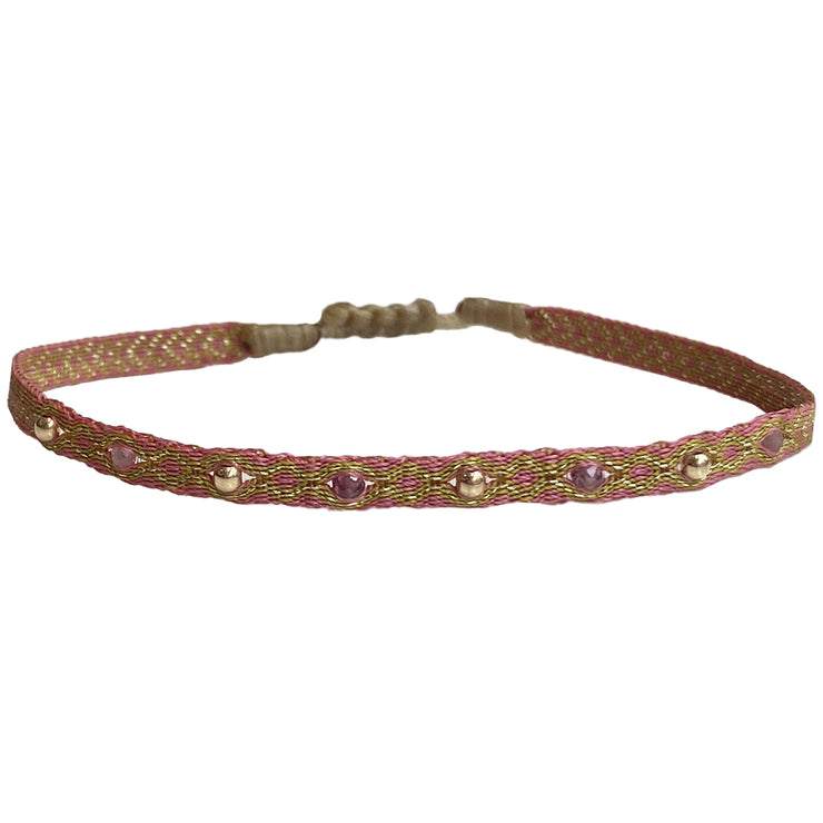 Pulsera Lima Con Piedra Turmalina Rosa y Bolitas De Oro